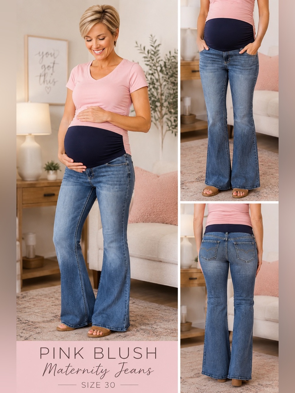 PinkBlush Maternity Flare Jeans Size 30 Full Belly Panel Stretch Denim